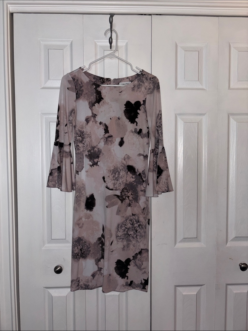 Calvin Klein Taupe and Black Floral Long-Sleeve Dress